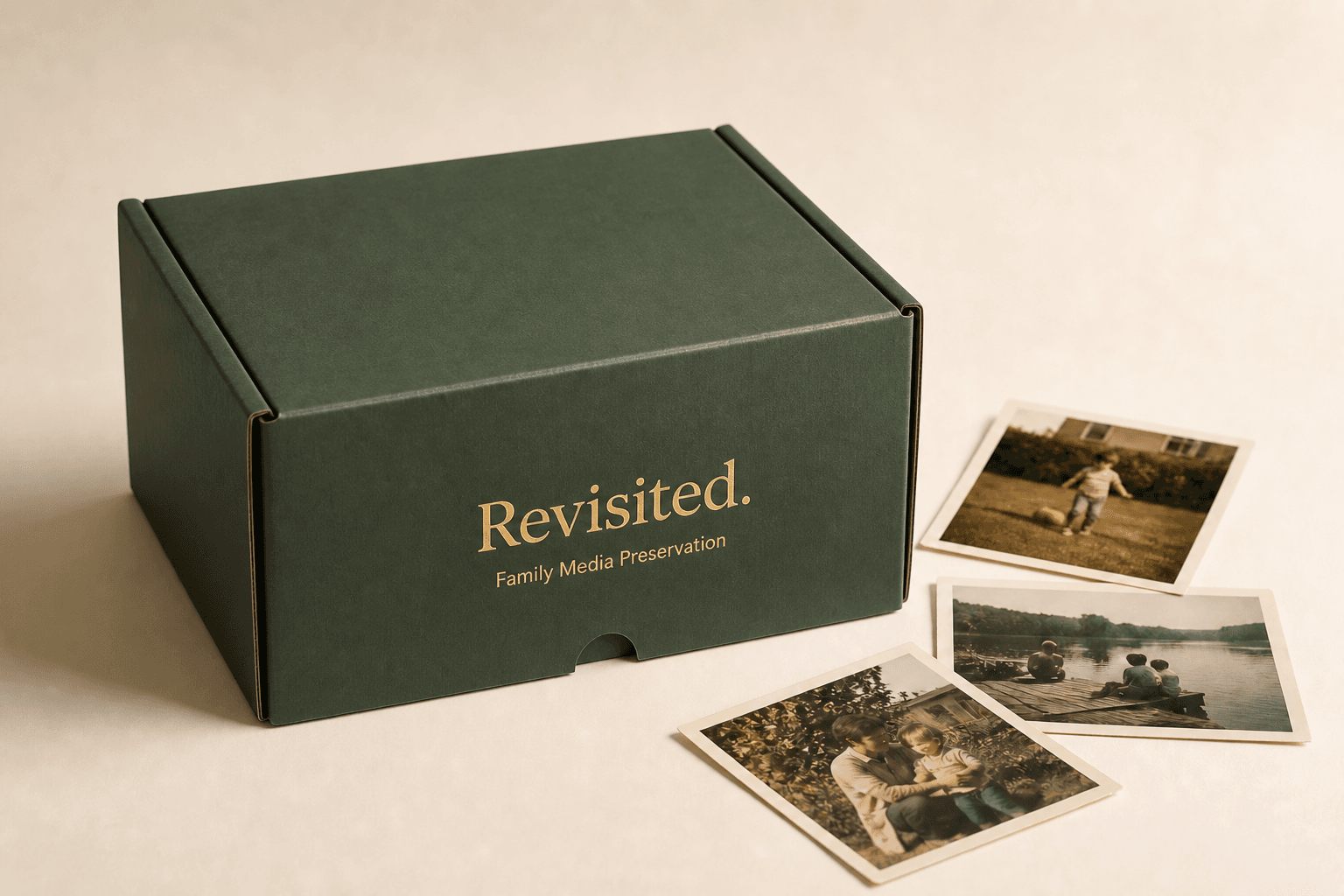 Concept rendering of the current Revisited Photo Box prototype beside printed family photographs